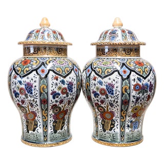Vintage Dutch Polychrome Lidded Vases by De Sphinx, 1970s, Set of 2 For Sale