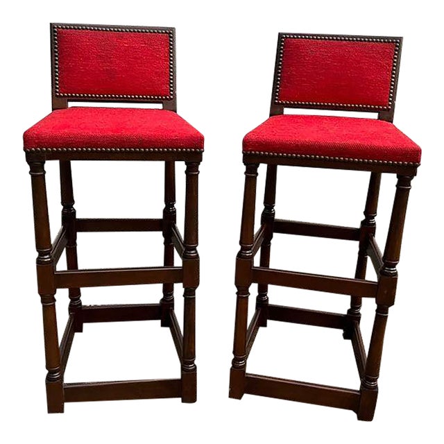 Late 20th Century Pair of Vintage Jacobean Style Hardwood Bar Stools For Sale