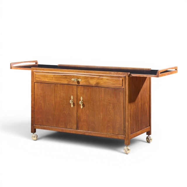 Mid-Century Modern John Kapel for Glenn of California Mid Century Walnut Drop Leaf Expandable Bar Cart For Sale - Image 3 of 15