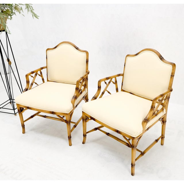 Wood Pair Faux Bamboo New Virgin Wool Upholstery Lounge Arm Fire Side Chairs MINT! For Sale - Image 7 of 16