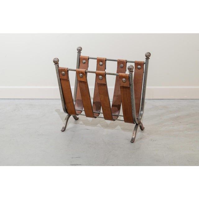 Mid-Century French Iron and Leather Magazine Rack, 1950s For Sale - Image 4 of 6