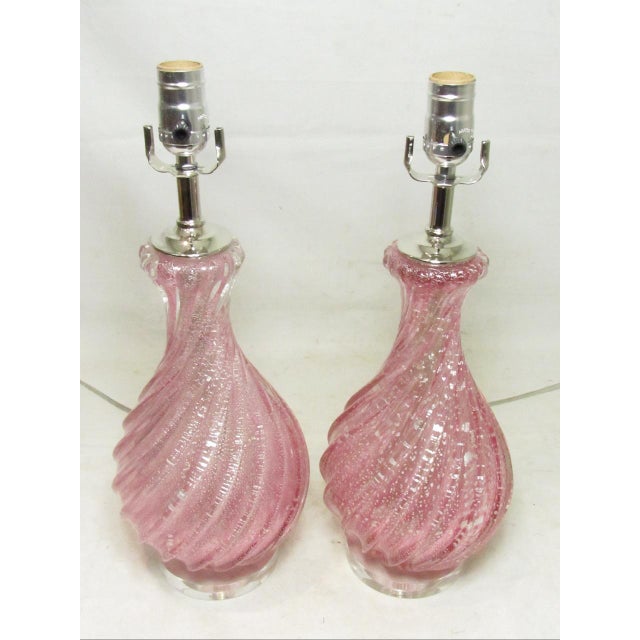 Pair of Vintage Rose Murano Glass Lamps For Sale - Image 9 of 18