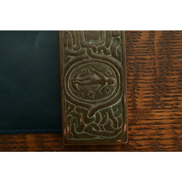 Tiffany Studios New York Zodiac Pattern Bronze Blotter Ends With Leather Desk Blotter For Sale - Image 9 of 14