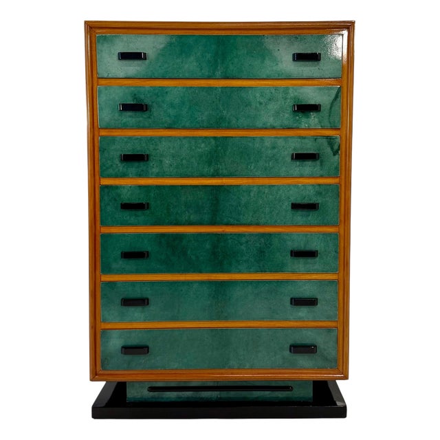 Italian Chest of Drawers in Emerald Green Parchment and Walnut with Black Details, 1950s For Sale