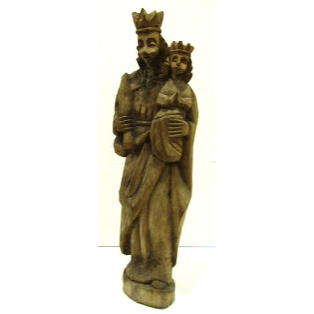 Brown Antique 18th Century Tall Carved Wood Madonna and Child Statue For Sale - Image 8 of 12