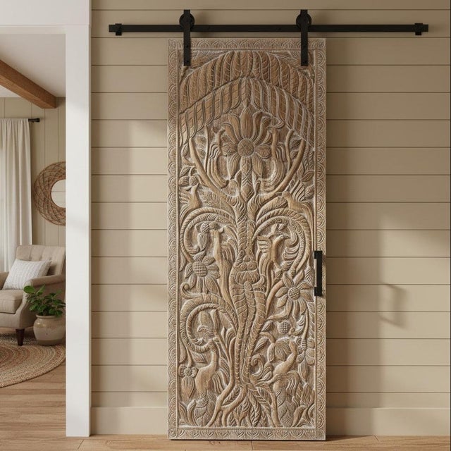 Elevate your space with this exquisite Tree of Life carved wood barn door panel, a soulful blend of artistry and natural...