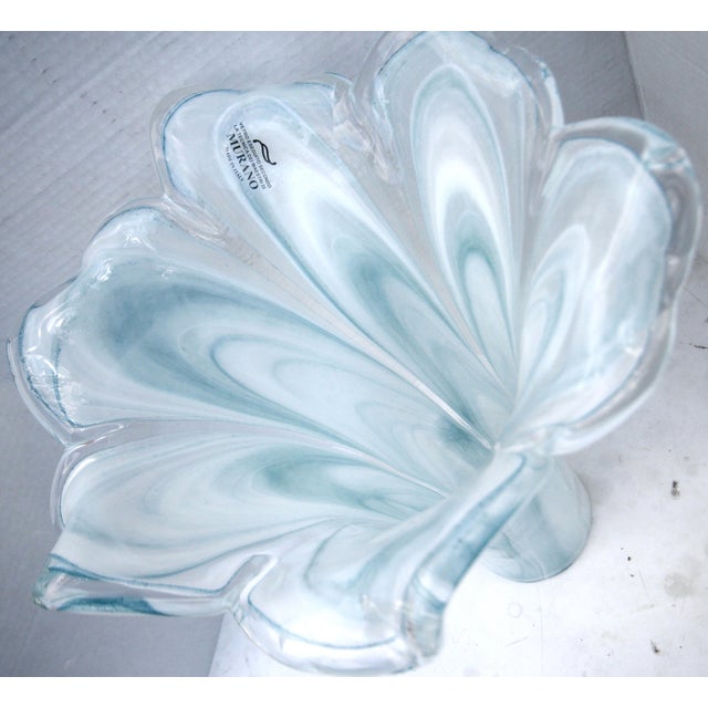 Tall 15.5” Vintage Italian Blown Glass Fazzoletto Lily Vase – Aqua Alabastro Swirl For Sale - Image 4 of 14