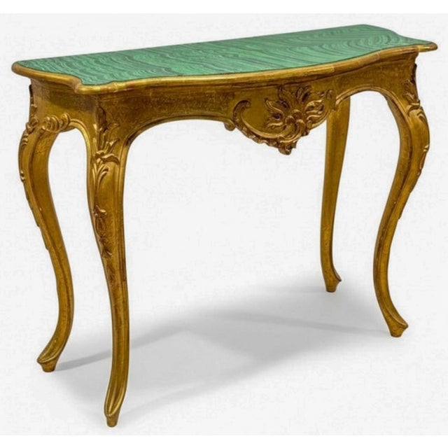 Wood French Louis XV Style Carved Giltwood & Faux Malachite Italian Console Table For Sale - Image 7 of 8