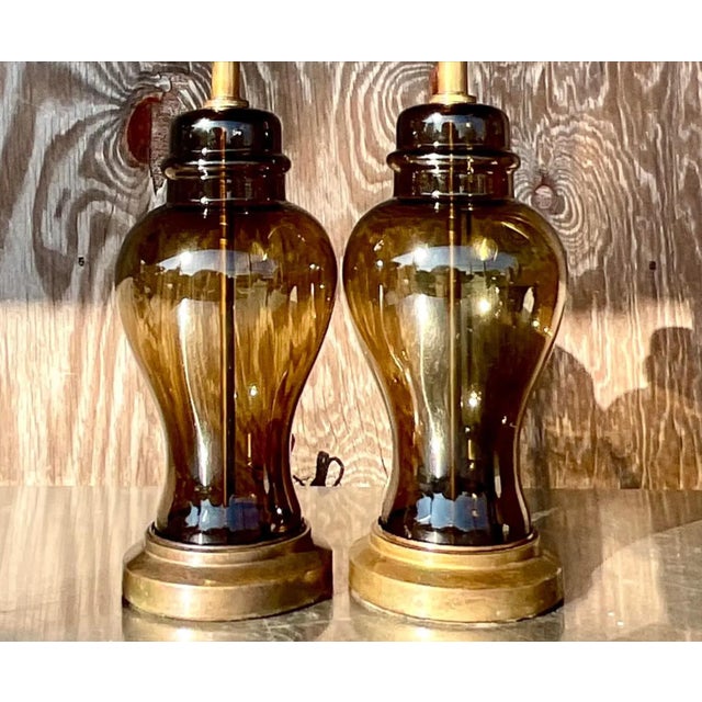 Vintage Boho Smoked Glass Ginger Jar Lamps - a Pair For Sale - Image 11 of 13