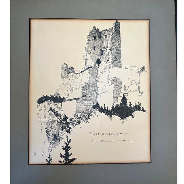 Original 1921 Pen & Ink Illustration Milly Possoz Lord Byron Drachenfels Castle For Sale - Image 4 of 8