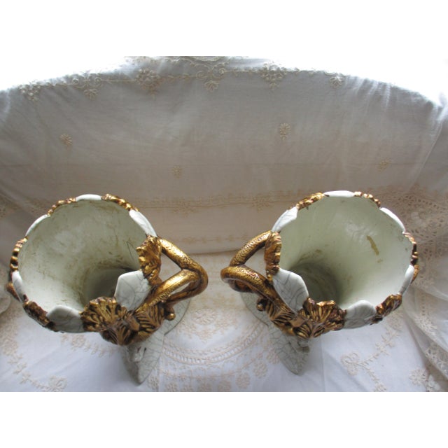 Gold Vintage Italy Dolphin Base & Double Snake Handle Gold & Grey Vases- a Pair For Sale - Image 8 of 13