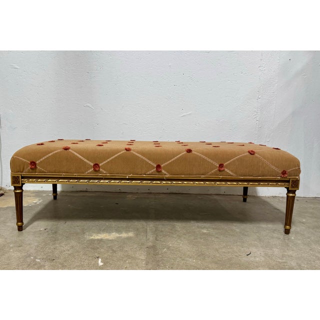 Wood Louis XVI Style Neoclassical Gilt Wood Upholstered Bench Ottoman For Sale - Image 7 of 7