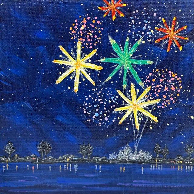 2020s Celebrate 2 Fireworks Acrylic Painting 8"x8" Celebration Theme Wall Art Unframed For Sale - Image 5 of 7