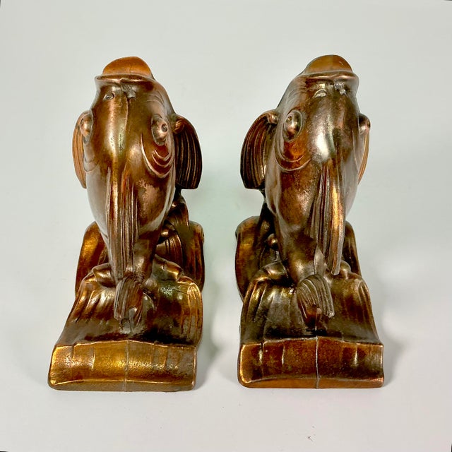 1970s 1970s Vintage Coastal Boho Chic Copper Over Cast Metal Koi Fish Bookends - A Pair For Sale - Image 5 of 13