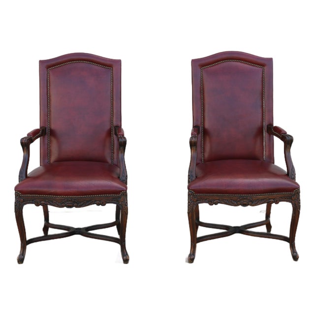 Pair of Vintage English Regency Style Leather Armchairs | Carved Wood Frame, Nailhead Trim For Sale