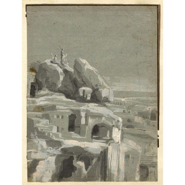 An original early 19th-century watercolour painting Rock Cave Dwellings with Spearsmen, Possibly India.A beautiful drawing...