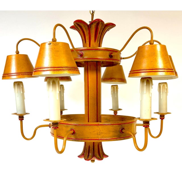 Mid 20th Century Hollywood Regency Ochre Japanned Faux Bamboo Tole Six-Light Chandelier For Sale - Image 4 of 18