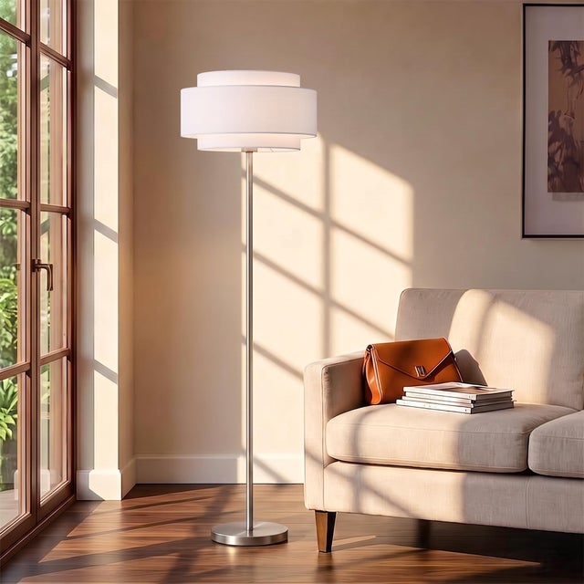 2020s Slimline Coronado Floor Lamp 61" H - Satin Nickel, Linen Drum Shade, Dimmable, Bulb Included For Sale - Image 5 of 6