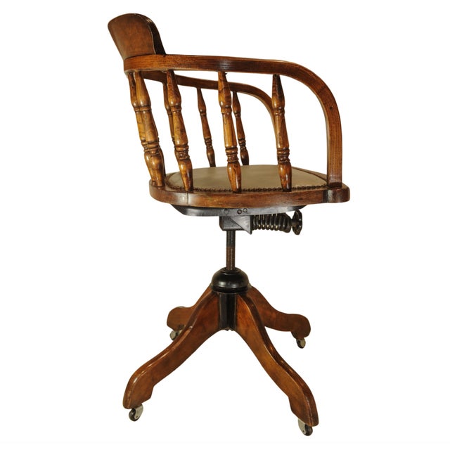 Black Antique Captain's Desk Chair with Brass Stud Detailing and Iron Base, 1930s For Sale - Image 8 of 10