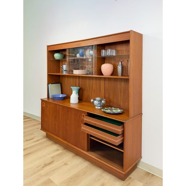 MCM Teak 2 Piece China Cabinet Sliding Doors Shelves Vintage Buffet Storage For Sale - Image 15 of 17