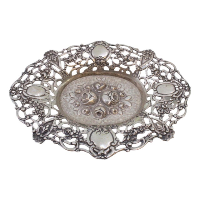 Silver Bowl with Central Bouquet of Roses and Floral Motifs For Sale
