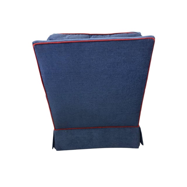 American Late 20th Century Navy Upholstered Red-Welted Club Chair With Matching Ottoman For Sale - Image 3 of 8