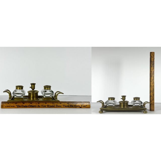 19th Century Victorian Brass Double Inkwell & Candle Holder Set: English Antique For Sale - Image 10 of 10