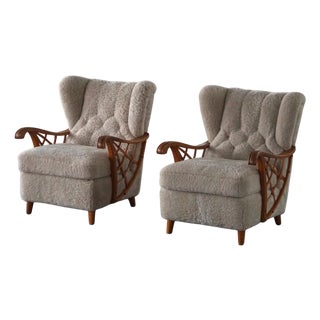 Swedish Modern Lounge Chairs in Shearling Lambswool & Elm, 1940s, Set of 2 For Sale