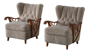 Swedish Modern Lounge Chairs in Shearling Lambswool & Elm, 1940s, Set of 2