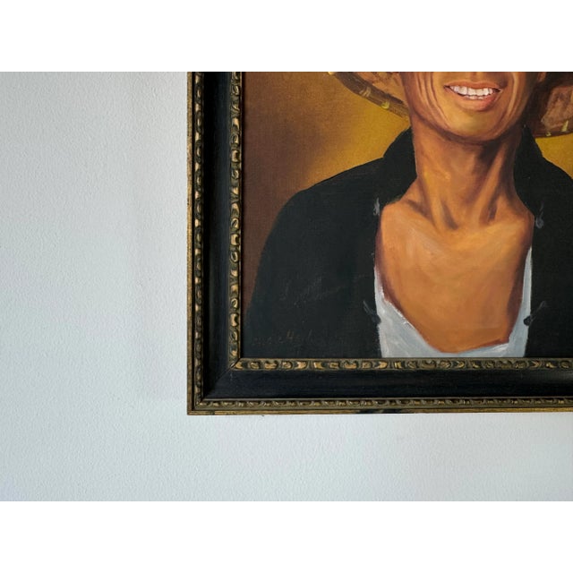 Wood 70's Vintage Oil Portrait Painting of Chinese Man With Hat For Sale - Image 7 of 11