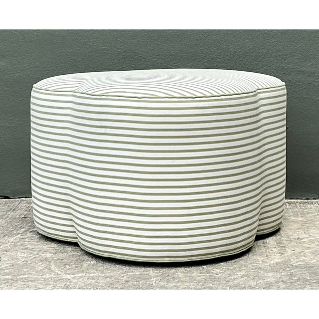 Hollywood Regency Vintage Celadon Stripe Clover Leaf Ottoman For Sale - Image 3 of 12