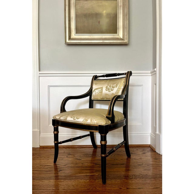 Vintage Regency Style Ebonized Chairs in Scalamandré Silk, a Pair For Sale - Image 9 of 9
