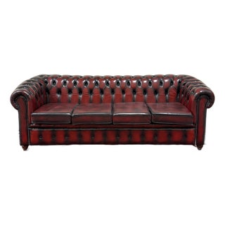 Vintage English Chesterfield Leather Tufted Sofa Oxblood Red Mid Century For Sale