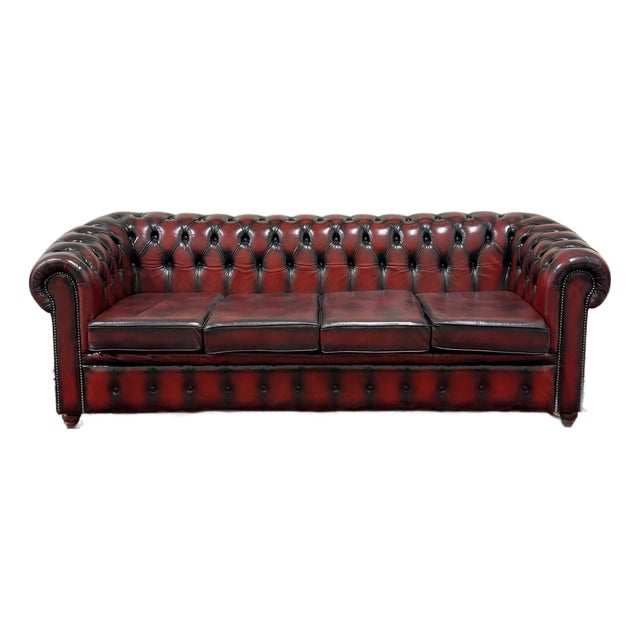 Vintage English Chesterfield Leather Tufted Sofa Oxblood Red Mid Century For Sale