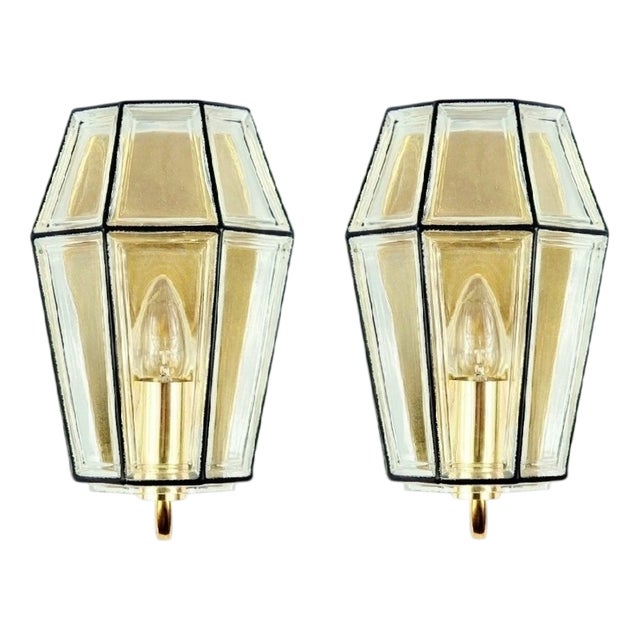 Mid-Century Modern Glass and Brass Wall Lamps from Limburg, Germany, 1960s, Set of 2 For Sale