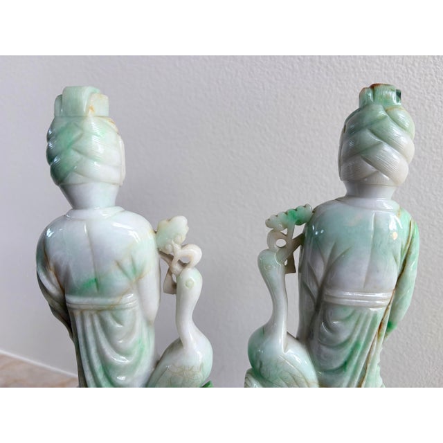 Wood Pair 10" Antique Chinese Qing Natural Jadeite Jade Kuan Yin With Cranes & Stands For Sale - Image 7 of 12