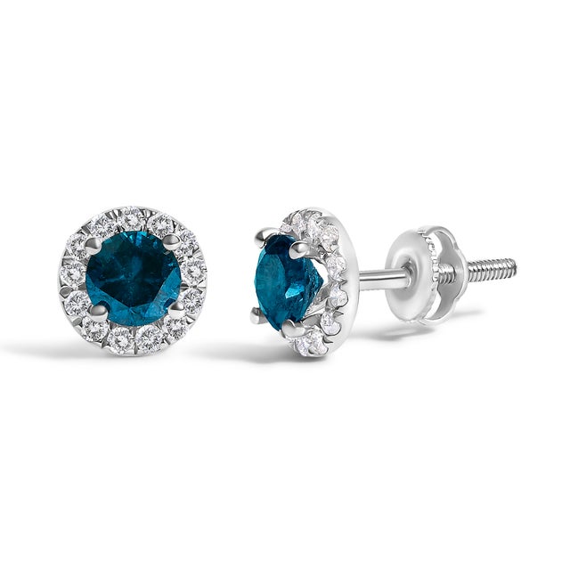 Contemporary .925 Sterling Silver 1.00 Cttw Blue Diamond Halo Stud Earrings, Pair For Sale - Image 3 of 4