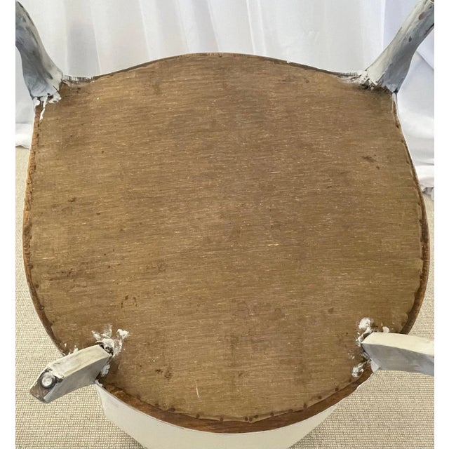 Pair Gustavian Style Slipper Chairs, Swedish Style Paint Decorated, Distressed, Linen For Sale - Image 10 of 11