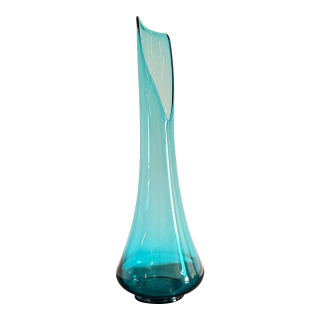 Large Mid Century Modern Tall Teal Stretch Glass Swung Vase - Viking Style For Sale