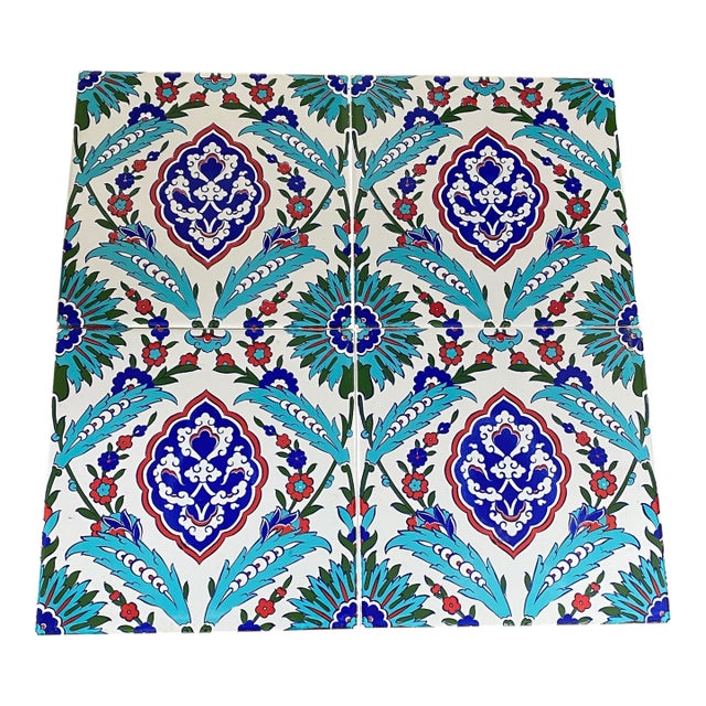 Turkish Iznik Red & Blue Floral Pattern Ceramic Tiles 8" For Sale