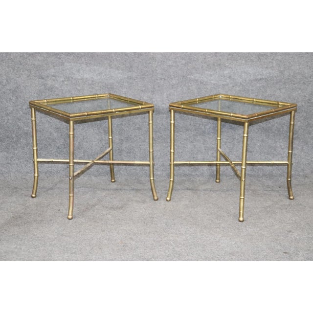 French Faux Bamboo Brass Bagues Style Glass Top End Tables Circa 1970 - A Pair For Sale - Image 3 of 11