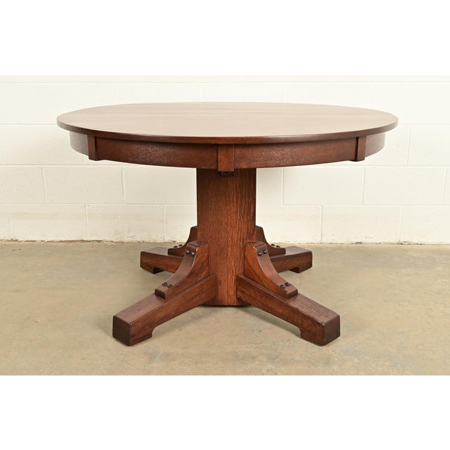 Stickley Brothers Antique Mission Oak Arts & Crafts Pedestal Extension Dining Table, Newly Refinished For Sale - Image 13 of 15