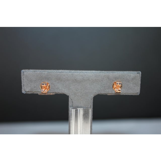 Gemstone Emerald Cut Green Emerald Diamond Halo Stud 18k Rose Gold Earrings, A Pair For Sale - Image 7 of 18