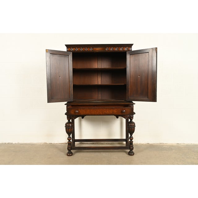 1920s Berkey & Gay Antique English Jacobean Carved Walnut and Burl Wood Bar Cabinet, Circa 1920s For Sale - Image 5 of 16