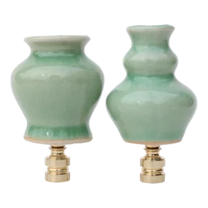 Celadon Pottery Vase Lamp Finials on Golden Brass Hardware - a Pair