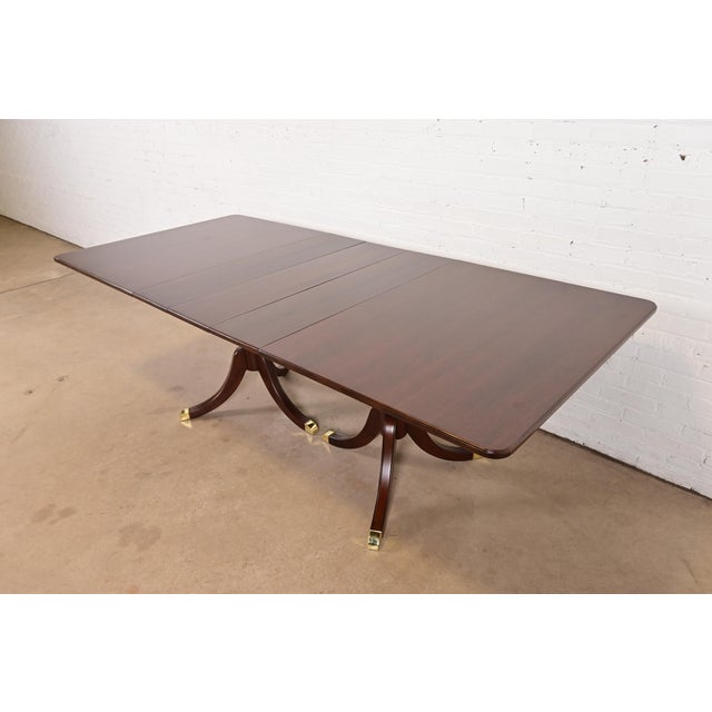 English Baker Furniture Style Georgian Mahogany Double Pedestal Extension Dining Table, Newly Refinished For Sale - Image 3 of 12