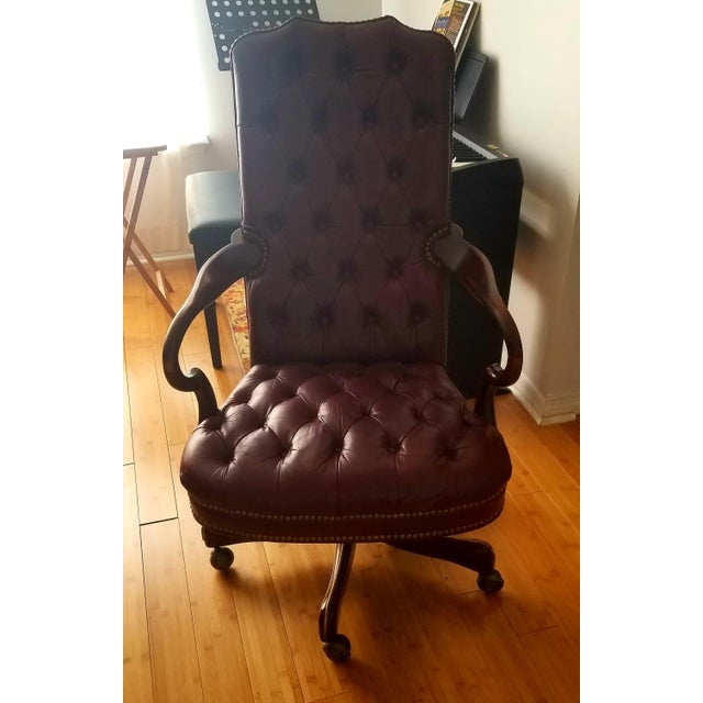 Wood Vintage Hickory Chair Tufted Oxblood Leather Executive Desk Chair For Sale - Image 7 of 13