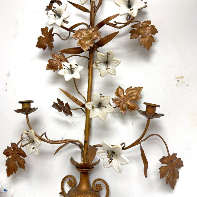 Pair of Late 19th Century French Gilt Metal and Opaline Glass Five-Light Floral Candle Sconces For Sale - Image 9 of 12