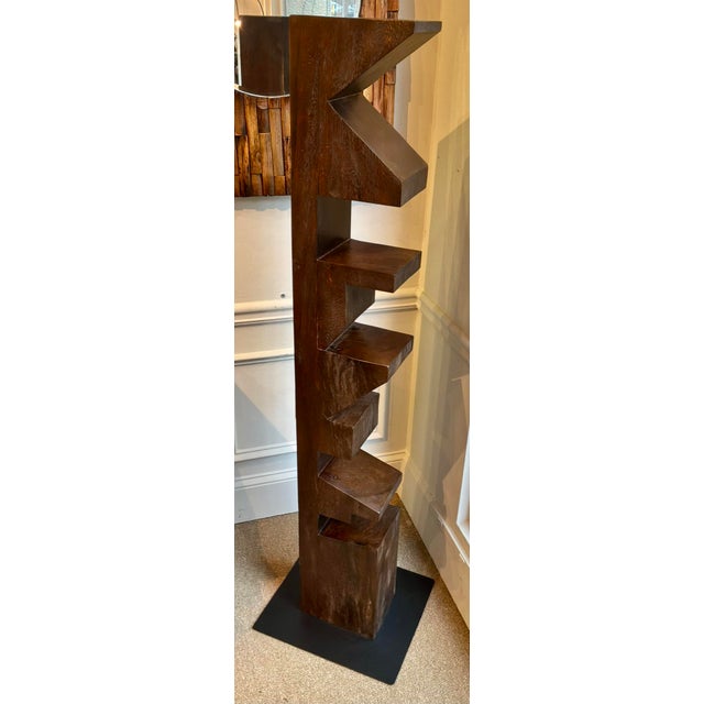Original retail $1100, stylish Noir Company Brutalist Style Wood and Iron Totem Sculpture, showroom floor sample