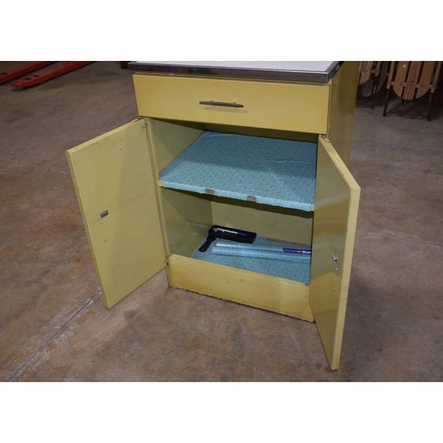 Vintage 1950s Yellow Metal Kitchen Cabinet W/ Formica Top Mid-Century For Sale - Image 6 of 14